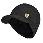 Sports Winter Outdoor Knit Visor Hat Billed Beanie with Brim Warm Fleece Lined for Men and Women (Black)