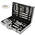 26pcs BBQ Grill Tools Set with Aluminium Case Package by U-miss, Complete Outdoor Stainless Steel Barbecue Grilling Accessories Kit Set for Camping Trips