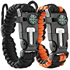 Tactical Survival Bracelet [2 pack] – Paracord + Compass + Fire Starter + Loud Whistle + Emergency Knife – Hiking Camping Fishing Hunting Gear – Color: black + black&orange 550